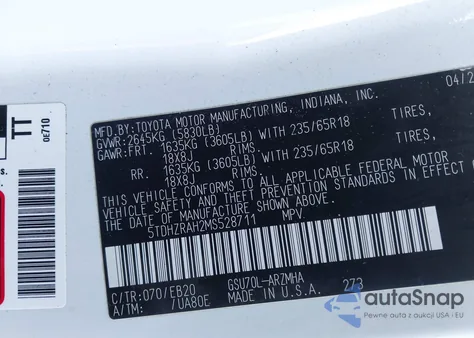 2021 Toyota Highlander Xle из США, поврежденный, VIN 5TDHZRAH2MS528711